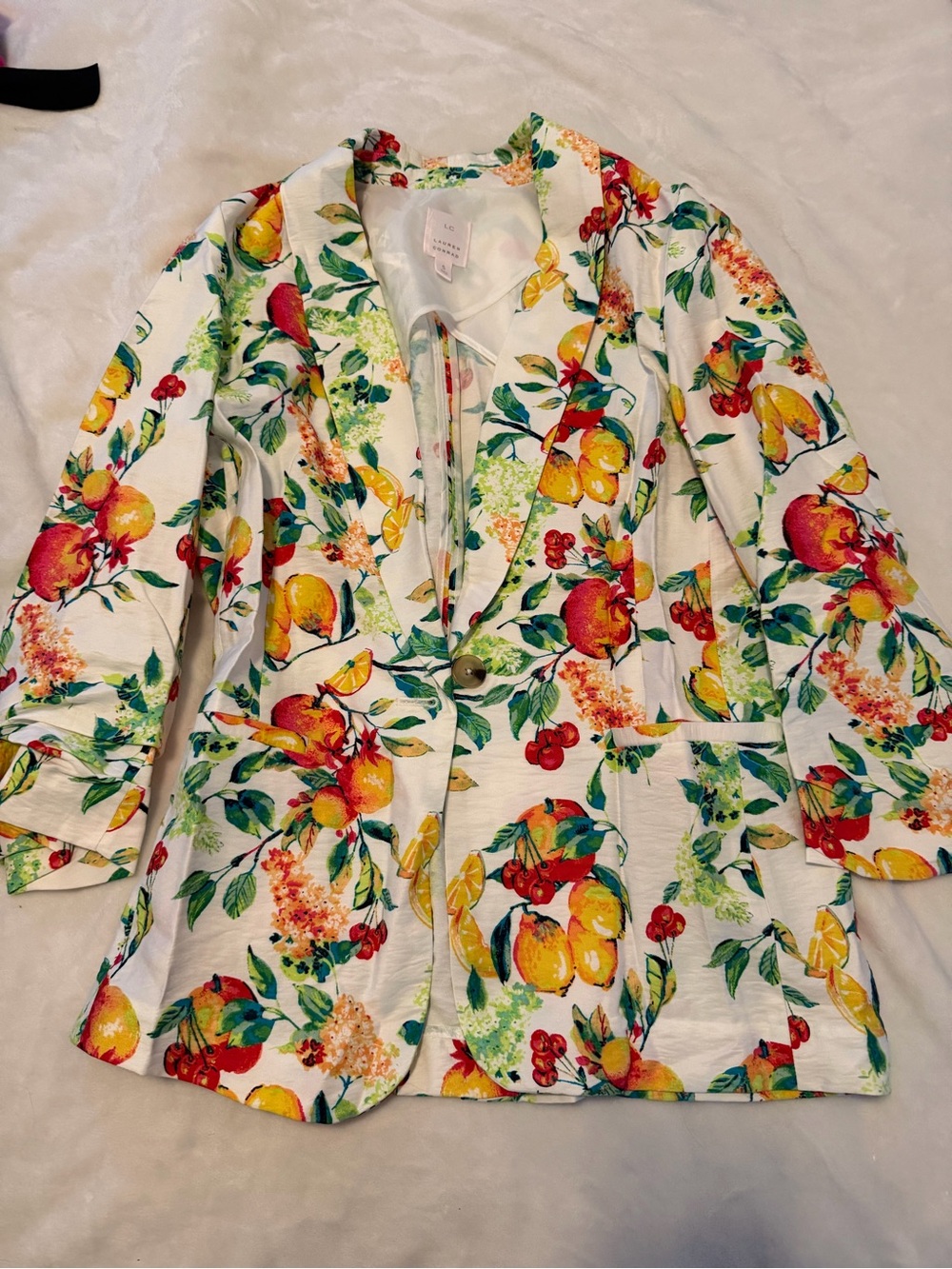 LC Lauren Conrad White Blazer with Yellow & Red Fruit Floral Print